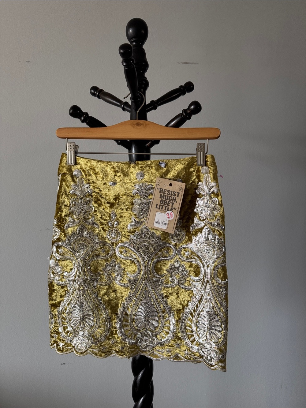 Gold Metallic Embroidered Velvet Mini Skirt